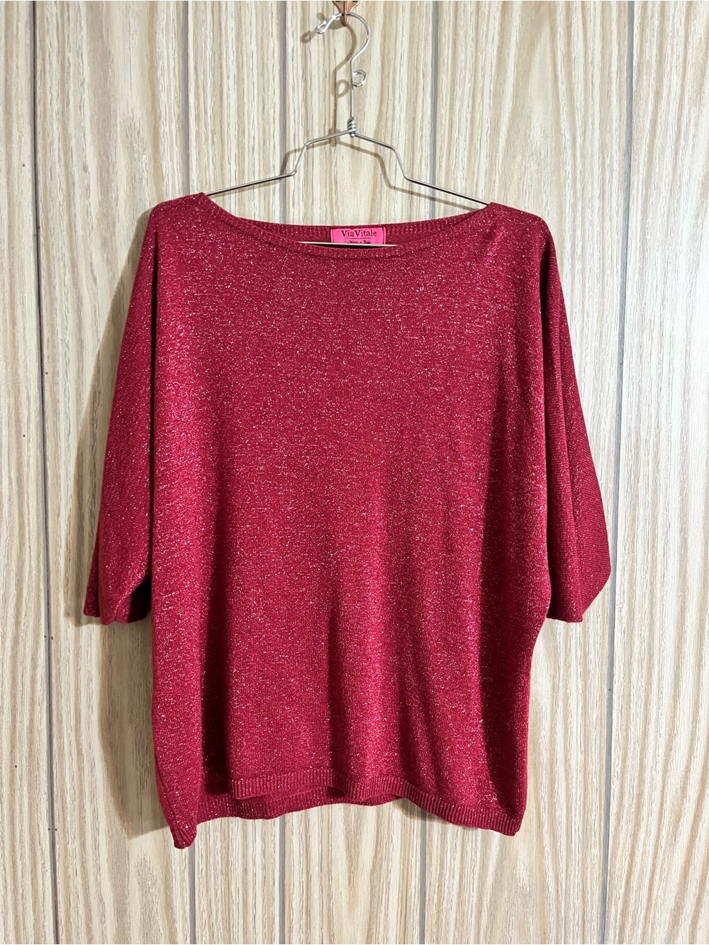 ViaVitale Red Metallic Shimmer Batwing Knit Top – Made in Italy – Size S / P